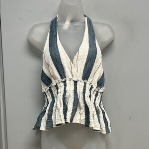 Ocean Drive Smocked Halter Top – Blue & Ivory Stripe | Size S | Cotton Gauze